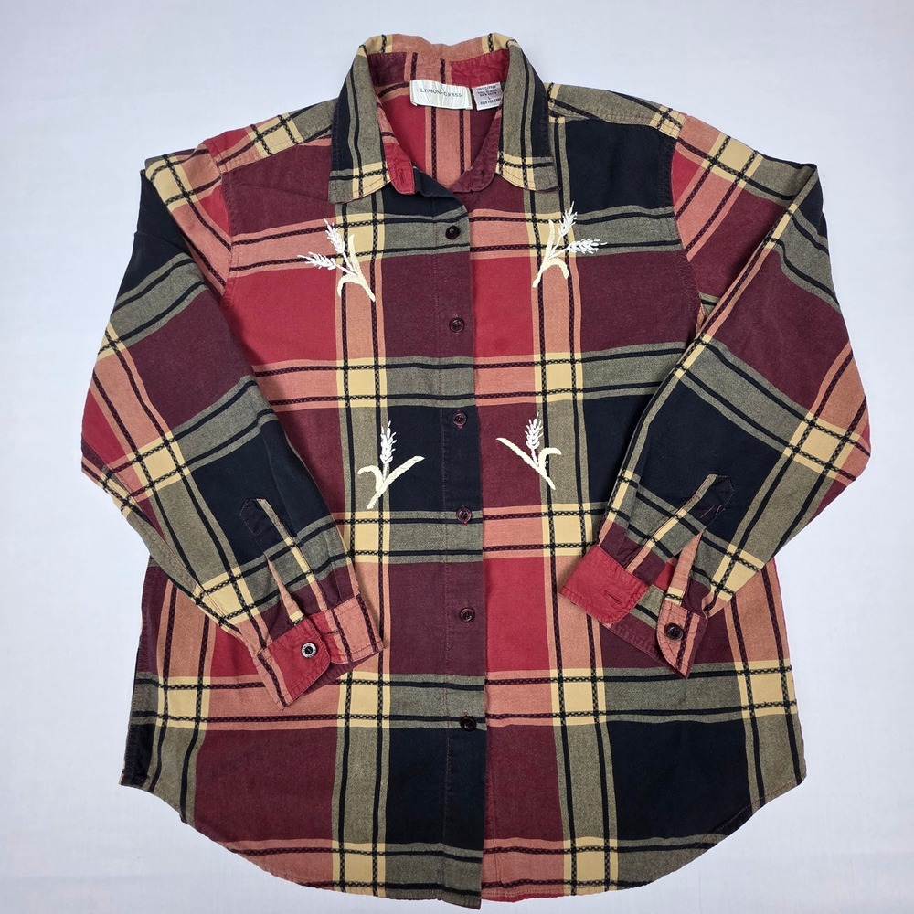 Lemon‎ Grass Button Front Embroidered Wheat Plaid Shirt Women Large Red Cotton